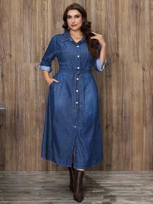 EMERY ROSE Váy denim thắt lưng thanh lịch cho nữ cỡ lớn - Rửa trung bình - Xem 4