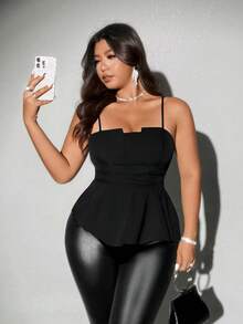 Viva Relle Plus Size Women Solid Color Elegant Commuter Belted Camisole Top, Suitable For Outings, Dates - Black - View 1