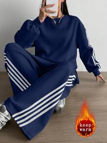 Aidyla 2 件套撞色条纹羊毛连帽衫，时尚街头风格 - 藏蓝色 - 查看 8