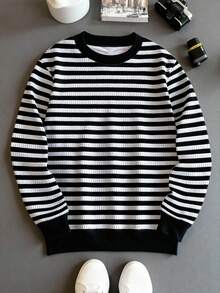 Manfinity Dauomo Sudadera holgada casual con cuello redondo y estampado de rayas para hombre - Blanco y Negro - Ver 1