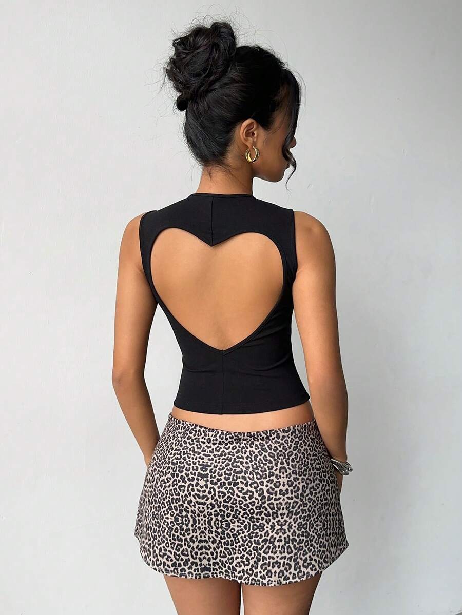 Aloruh Women's Solid Black Heart Cutout Sleeveless Bodycon Camisole, Valentine's Day - Black - View 1