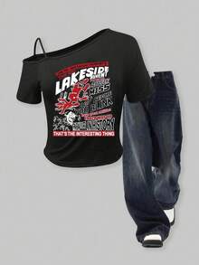 SHEIN Explorewe Camiseta de manga corta con hombros abiertos y estampado negro para adolescentes, verano - Negro - Ver 1