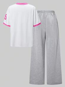 SHEIN ChillGRL 2件套女童休闲V领针织印花T恤和阔腿运动裤套装，春夏时尚运动装 - 彩色 - 查看 3
