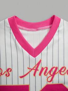 SHEIN ChillGRL 青少年女孩数字和条纹印花短袖休闲街头风格排球 T 恤 - 玫紅色 - 查看 5