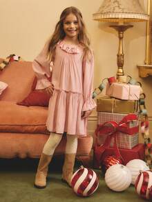 女童粉色荷叶边领长袖连衣裙 – 柔软面料，飘逸层叠下摆，可爱荷叶边袖口，甜美A字廓形，适合日常穿着/派对，柔和的粉彩色调，舒适宽松版型，可爱甜美的设计，专为小小时尚达人打造 - 粉色 - 查看 7