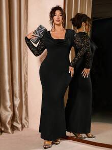 Cravure Vestido de mujer talla grande con cuello drapeado de encaje en contraste y cintura fruncida, elegante, digno, generoso, adecuado para banquetes, vacaciones, fiestas sexys, vestido romántico, vestido de noche - Negro - Ver 5