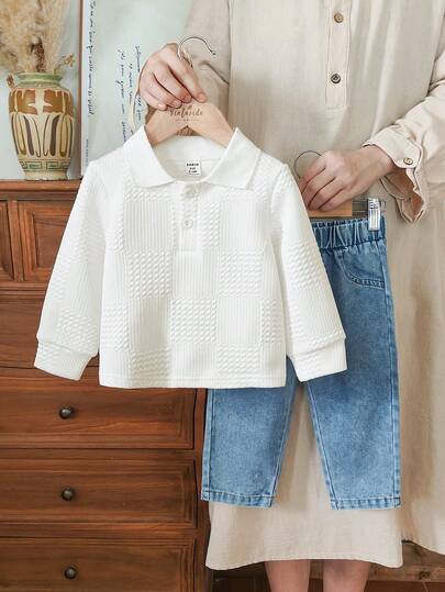 Vintaside Kids 2pcs Baby Boy Collared Long Sleeve Top And Casual Washed Denim Long Pants Set, Comfortable And Fashionable For Everyday Wear, Suitable For Spring And Autumn