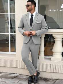 Manfinity Mode Plus Size Men's Business Commuter Suit Set(Blazer & Pants)Grey Suits For Men Slim Fit Wedding Classy Clothes Elegant Outfit, Formal, Ceremony - Light Grey - View 6