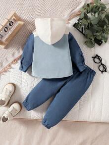 SHEIN Playful Pals 2pcs Baby Boy Solid Color Button Front Hoodie & Straight Pants Outfit