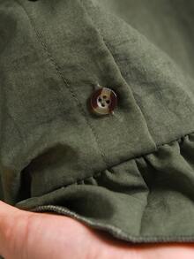 CosyJoli 大码女式前扣长袖复古休闲刺绣衬衫，绿色印花灯笼袖衬衫，女式衬衫，绿色衬衫 - 軍綠色 - 查看 6