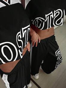 StreetHx 2pcs/Set Women's Print Color Block Cropped Top + Sweatpants Set - Black and White - View 8