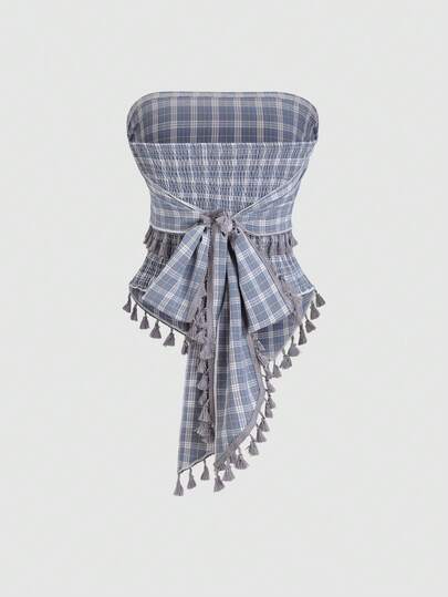 Sweetra 法式复古性感格纹流苏蝴蝶结露脐抹胸上衣