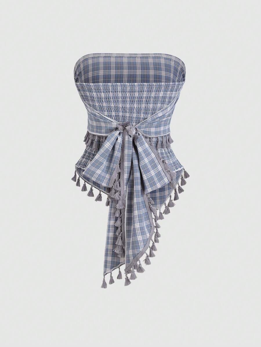 Sweetra 法式复古性感格纹流苏蝴蝶结露脐抹胸上衣 - 霧霾藍 - 查看 1