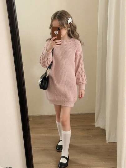 Young Girls Khaki Long Sleeve Sweater Dress, Knitted Pullover Top With Skirt, Comfortable For Casual, School, Party Wear, Versatile, Affordable, Suitable For Autumn/Winter Cute Light Brown Sweater For Girls Girls Sweater Girl Clothes Autumn And Winter Clothes Autumn Clothing Autumn And Winter Young Girls Dressse Girls Sweater Dress Dusty Link Girl Dress Casual Dress Girl Long Sleeve Dress