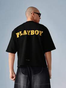 PLAYBOY X SUMWON 宽松露脐短袖T恤，饰有醒目的Logo印花，夏季休闲街头风上衣 - 黑色 - 查看 3