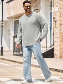 EASEVO 加大码男士纯色休闲圆领长袖T恤 - 淺灰色 - 查看 5