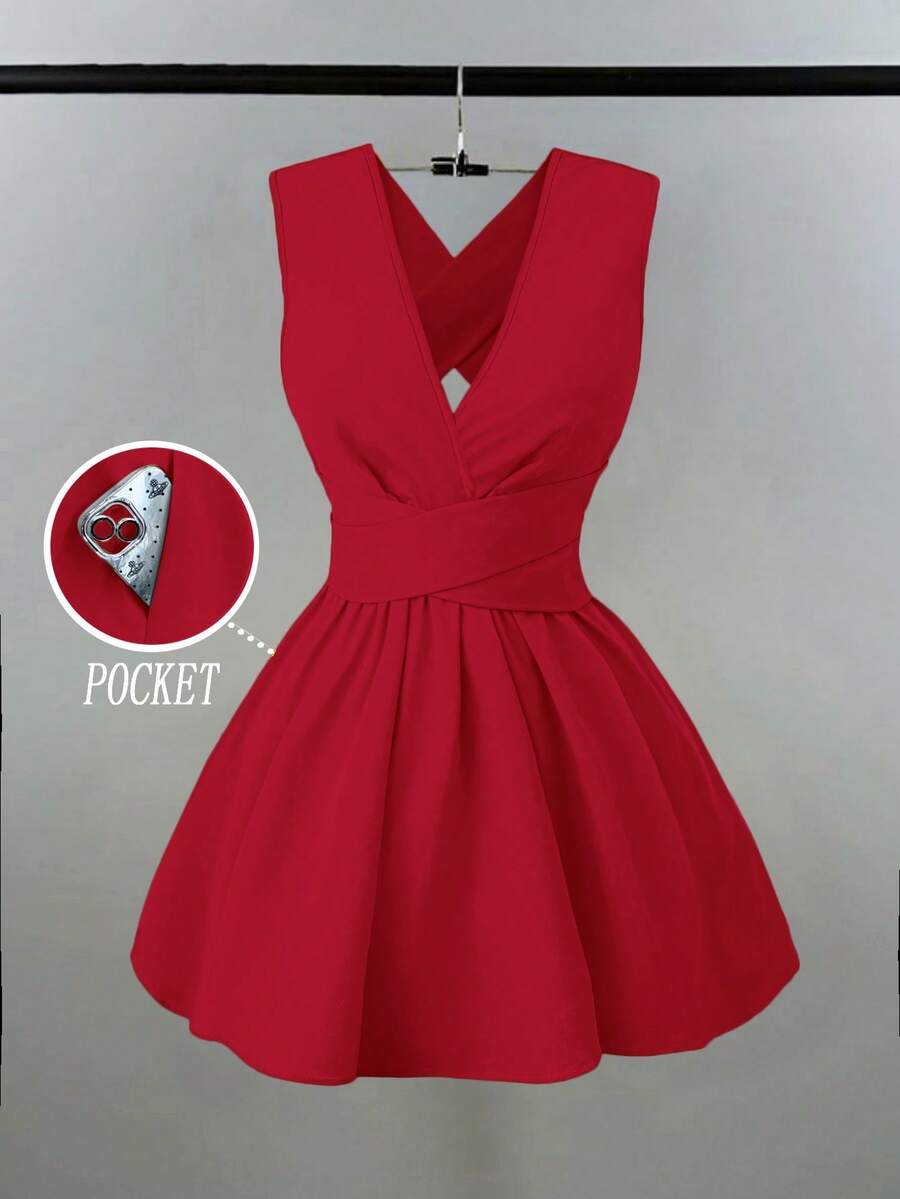 Franclia 女士浪漫优雅性感婚礼宾客纯色交叉 V 领无袖 A 字迷你连衣裙，演唱会服装百搭设计，适合海滩、派对、春夏口袋晚礼服露背奶油黄短裙