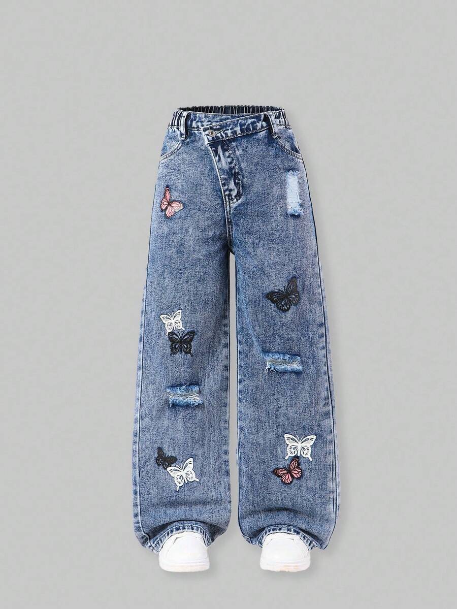 ChillGRL Tween Girl 不对称弹性腰部蝴蝶印花宽松舒适浅蓝色牛仔阔腿裤 - 中等水洗藍 - 查看 1