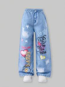 SHEIN ChillGRL 少女梭织字母图案休闲直筒裤