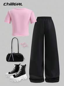 SHEIN ChillGRL 青少年女孩标语蝴蝶结印花圆领短袖T恤和阔腿裤休闲装 - 黑色 - 查看 2
