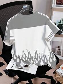 THE POWERPUFF GIRLS X SHEIN 女士休闲时尚街头风趣味可爱卡通星星火焰印花撞色宽松T恤，夏季 - 白色 - 查看 2