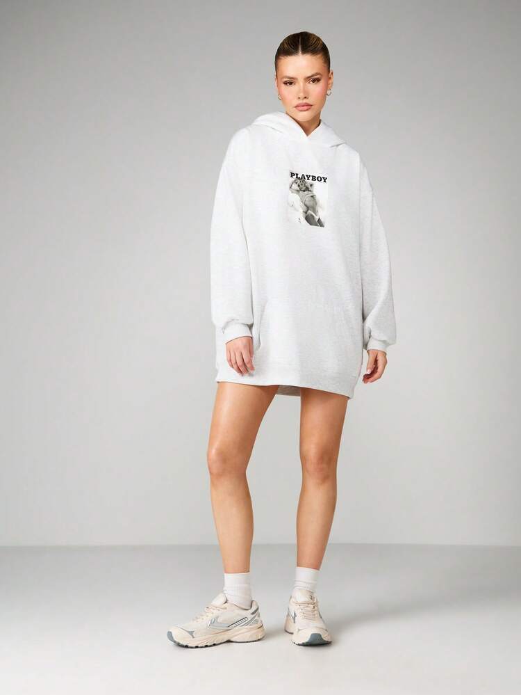 Missguided x Playboy Oversized Hoodie Dress With Front Chest Print And Back Logo Long Sleeve Mini Sweatshirt Dress Fall Winter Casual Streetwear