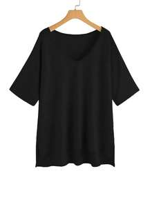 SHEIN EMERY ROSE CURVE Kaos Wanita Ukuran Besar Leher V Belahan Samping Longgar Kasual Lengan Sedang, Oranye - Hitam - View 3