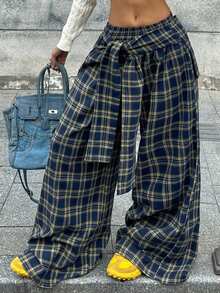 Coolane Winter Clothes For Wome Streetwear Going Out Plaid Woven Casual Gingham Loose Wide Leg Pants - Navy Blue - View 4