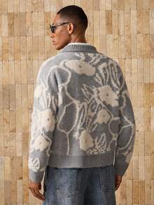 AKNOTIC 男士花卉提花长袖单排扣休闲外套，秋冬款 - 灰色 - 查看 7