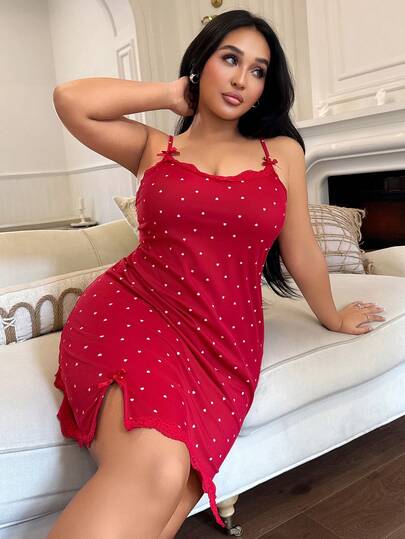 ZzzCrew Heart-Print Red Dress Plus Size Women Knitted Ribbed Red Heart Print Contrast Lace Bow Cute Sleepwear Slip Dress, Suitable For Holidays And Celebrations Red Night Dress
