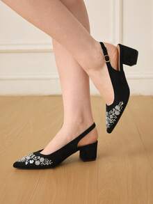 CUCCOO HITCHD Women's Pointed Toe Sequin Design Buckle Closure Elegant High Heels - Black - View 2