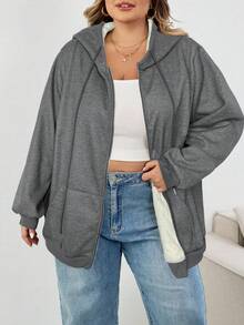 SHEIN CURVE+ 大码女装/秋季服装/秋季女装/冬季女装/冬季女装大码女式黑色针织连帽毛绒卫衣大码女式连帽衫大码女式卫衣8XL女装6XL大码女装大码女装大码女装/秋季/冬季 - 深灰色 - 查看 3