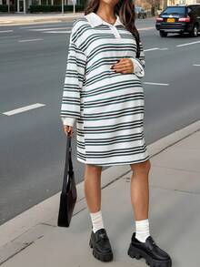 SHEIN 孕妇休闲宽松条纹V领长袖连衣裙 - 綠色 - 查看 5
