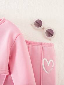 SHEIN Babygirl Cute Grey Long Sleeve Sweatshirt & Elastic Waist Pants Set, Autumn/Winter - Pink - View 5