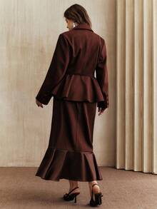 Anewsta Plus Size Women's Elegant Burgundy Two Pieces Set,Cinched Waist Blazer Jacket & Skirt,Autumn Formal Business Casual For Commuting,Party,Wedding,Chic - Burgundy - View 4