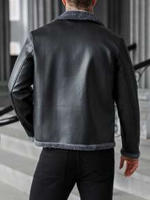 Manfinity CasualCool Giacca casual con fodera termica, collo a bavero, manica lunga, vestibilità ampia, adatta per uomo, in pelle nera, stile biker, per autunno/inverno, per uso quotidiano, tempo libero, weekend, attività all'aperto, viaggi, ambienti di lavoro rilassati o occasioni semi-formali, regalo per il fidanzato/marito, regalo per anniversario, Natale - nero - Visualizzare 2