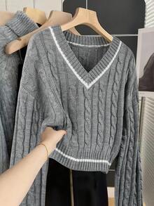 Franclia Áo len dài tay cổ chữ V thường ngày cho nữ, phong cách đại học, mùa thu/đông - Xám - Xem 6