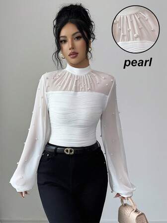 Rafferiza Ny vit sexig mesh splice bubble pearl decor tight wavy texture tyg long armed blus för kvinnor