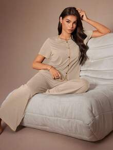 Lazeform Casual Lazy Style Women Short Sleeve Top And Pants Pajama Set - Apricot - View 2