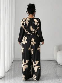 Elenzga Fashionable Autumn/Winter French Romantic Vintage Casual & Commute V-Neck Printed Waist Cinched Puff Sleeve Jumpsuit