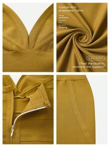 Nuvra 女士姜黄色性感露背紧身针织连衣裙，无袖收腰绑带度假连衣裙 - 薑色 - 查看 3