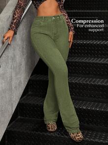 SHEIN Tall 高腰修身喇叭牛仔裤 - 軍綠色 - 查看 4