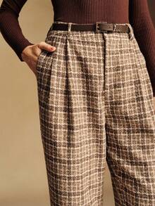 Écloséra 女士复古休闲简约户外通勤格纹仿皮饰边口袋胡萝卜裤，秋冬款 - 卡其色 - 查看 7