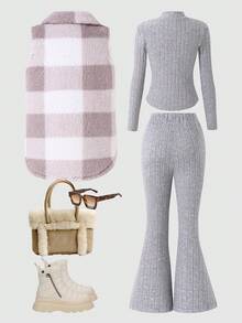 3pcs/Set Tween Girls Fitted Khaki Sweater,Matching High Waist Flare Pants & Plaid Lapel Cardigan Outfit,White Autumn Casual School Back-To-School - Grey - View 2