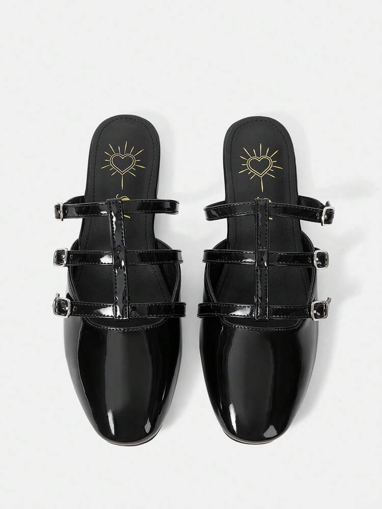 2024 New Arrival Women's Flat Shoes, Sweet Style, Solid Color, Closed Toe, Hollow Out Design With Buckle, Black