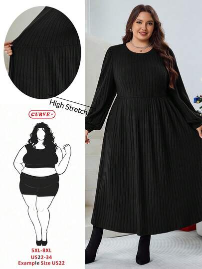 SHEIN CURVE+ 플러스플러스 사이즈 여성용 솔리드 컬러 랜턴 레드 긴 소매 골지 니트 겨울 드레스