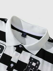 ROMWE MEN Men's Striped Short Sleeve Polo Shirt, Loose Fit - Black - View 2