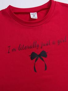 SHEIN ChillGRL 青少年女孩休闲时尚街头风格标语和蝴蝶结印花短袖 T 恤和松紧腰宽松阔腿裤套装，夏季 - 酒紅色 - 查看 5