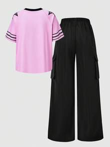 SHEIN ChillGRL 青少年女孩两件套：美式插肩袖图案T恤和工装裤 - 粉色 - 查看 4