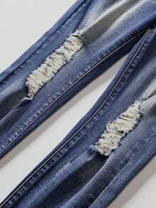 Coolqubz 青少年男童休闲百搭破洞修身牛仔裤，男女通用 - 深色水洗藍 - 查看 4